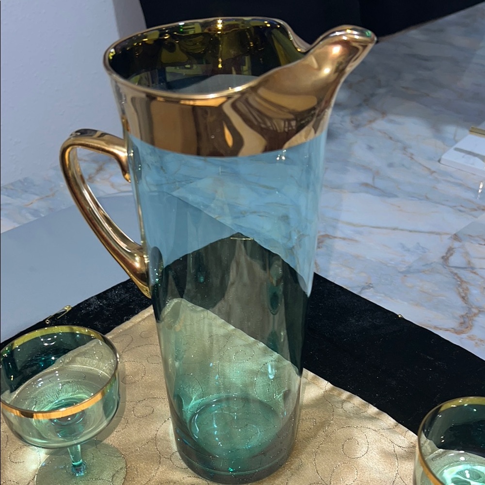 HUNGARIAN  Gold & Aqua COCKTAIL PITCHER set OF 3 pieces - Picture 6 of 9